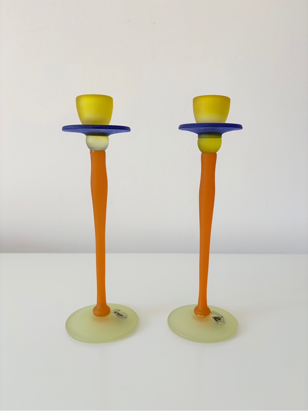 1980s Memphis Style Pair Satin Frosted Glass Candle Holders Pop Art Candle Stick